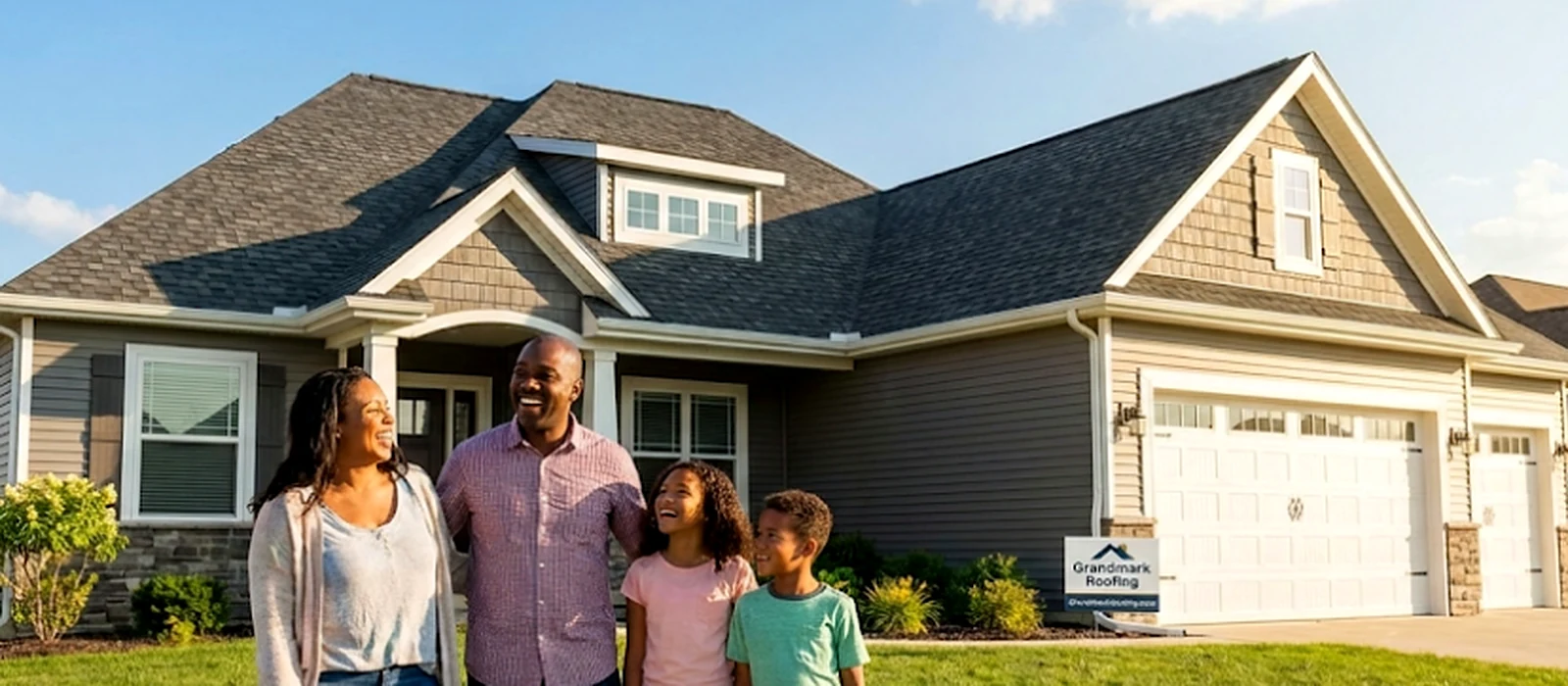 A family standing in front of their home with a Grandmark Roofing yard sign in the garden
